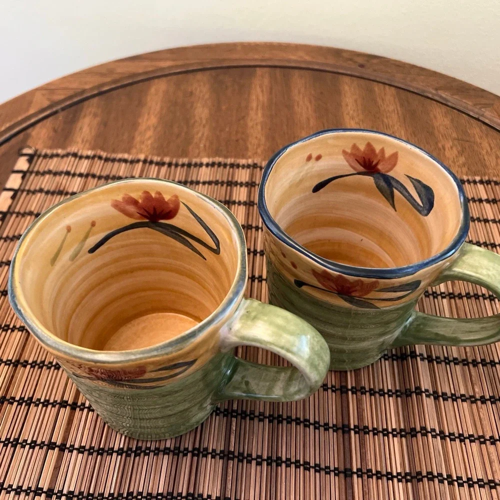 Two Pier 1 ELIZABETH Hand Painted Stoneware Coffee Mugs Green Swirl Flowers 16oz